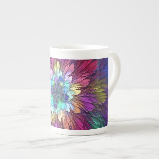 Colourful Psychedelic Flower Abstract Fractal Art Bone China Mug (Front Right)