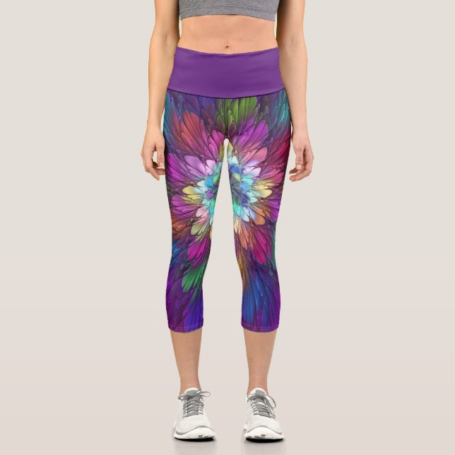 Colourful Psychedelic Flower Abstract Fractal Art Capri Leggings (Front)