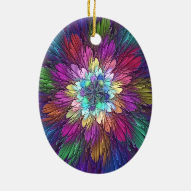 Colourful Psychedelic Flower Abstract Fractal Art Ceramic Ornament (Back)