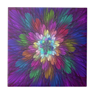Colourful Psychedelic Flower Abstract Fractal Art Ceramic Tile