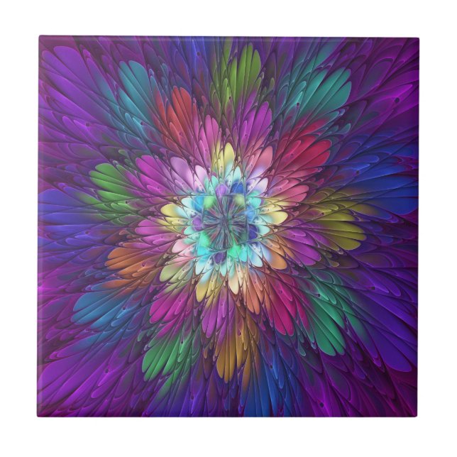 Colourful Psychedelic Flower Abstract Fractal Art Ceramic Tile (Front)