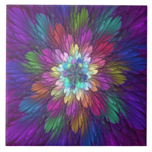 Colourful Psychedelic Flower Abstract Fractal Art Ceramic Tile