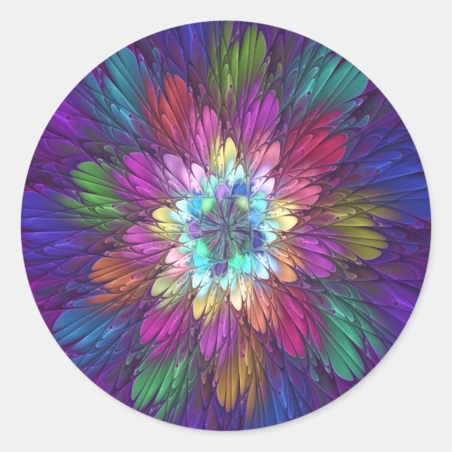 Colourful Psychedelic Flower Abstract Fractal Art Classic Round Sticker (Front)