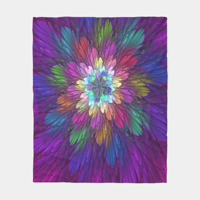 Colourful Psychedelic Flower Abstract Fractal Art Fleece Blanket (Front)