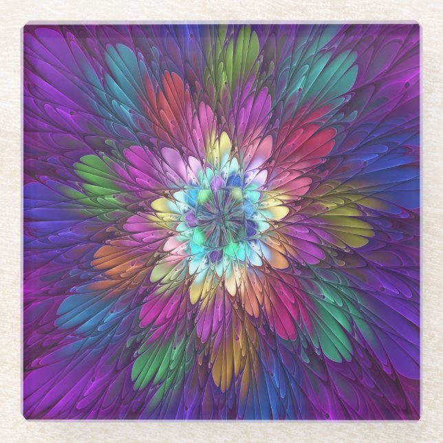 Colourful Psychedelic Flower Abstract Fractal Art Glass Coaster (Front)
