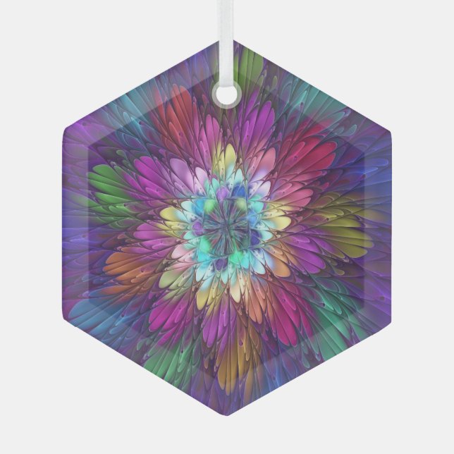 Colourful Psychedelic Flower Abstract Fractal Art Glass Tree Decoration (Front)