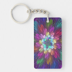 Colourful Psychedelic Flower Abstract Fractal Art Key Ring