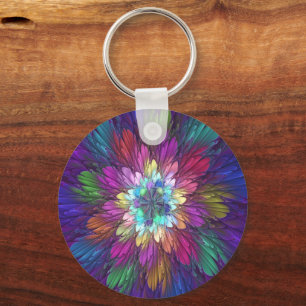 Colourful Psychedelic Flower Abstract Fractal Art Key Ring