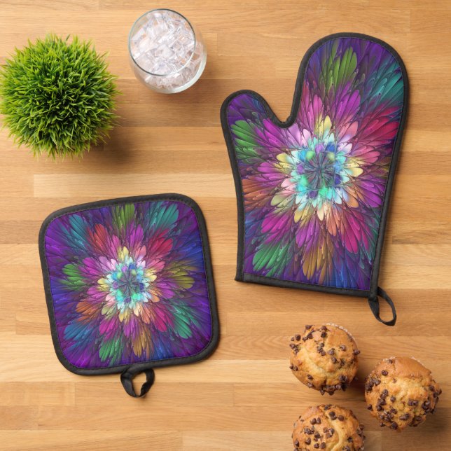 Colourful Psychedelic Flower Abstract Fractal Art Oven Mitt & Pot Holder Set (Top Down)
