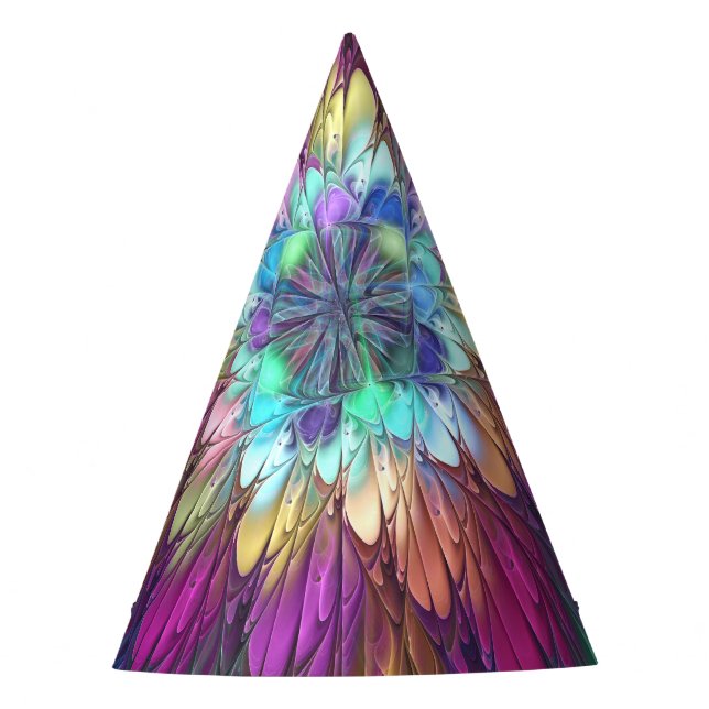 Colourful Psychedelic Flower Abstract Fractal Art Party Hat (Front)