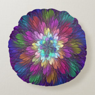 Colourful Psychedelic Flower Abstract Fractal Art Round Cushion