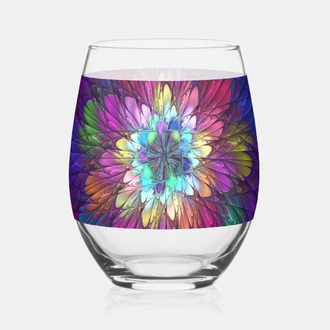 Colourful Psychedelic Flower Abstract Fractal Art Stemless Wine Glass (Front)