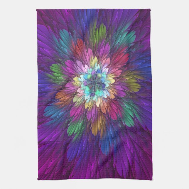 Colourful Psychedelic Flower Abstract Fractal Art Tea Towel (Vertical)
