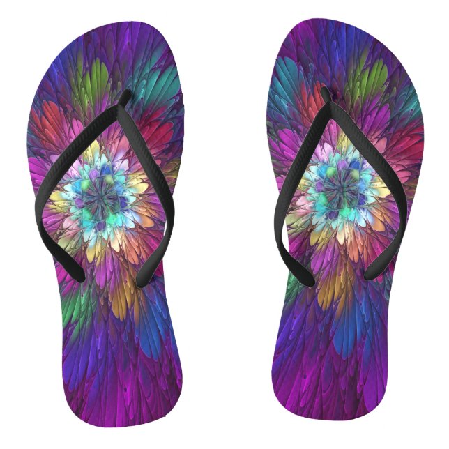 Colourful Psychedelic Flower Abstract Fractal Art Thongs (Footbed)