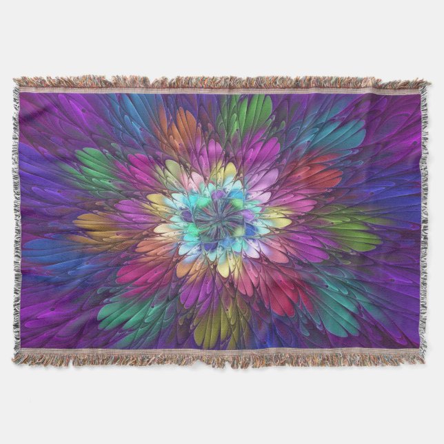 Colourful Psychedelic Flower Abstract Fractal Art Throw Blanket (Front)