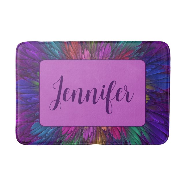 Colourful Psychedelic Flower Abstract Fractal Name Bath Mat (Front)