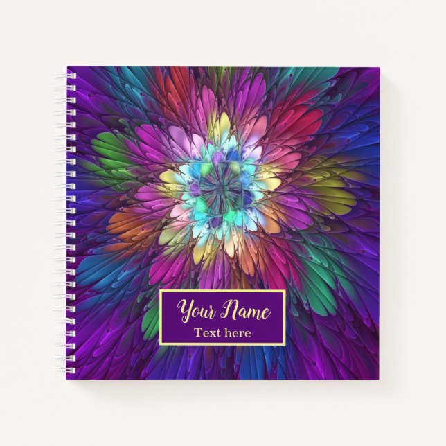 Colourful Psychedelic Flower Abstract Fractal Name Notebook (Front)