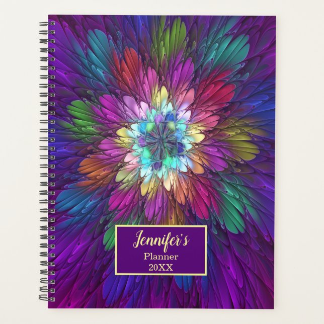 Colourful Psychedelic Flower Abstract Fractal Name Planner (Front)