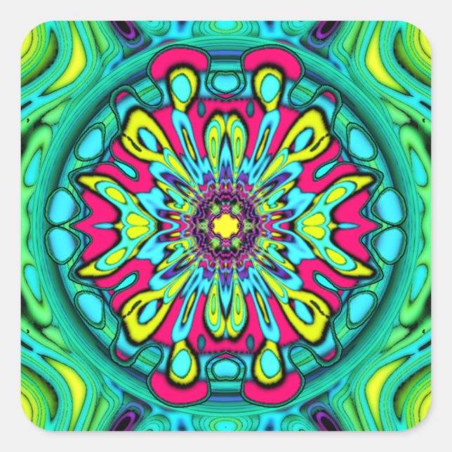 Colourful psychedelic flower abstract pattern v1 square sticker (Front)