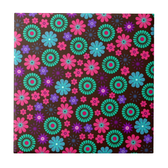 Colourful Psychedelic Funky Flower Pattern Ceramic Tile (Front)