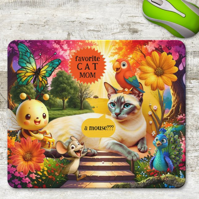 Colourful Psychedelic Funny Cat and Mouse Pad (Mouse pad featuring a funny psychedelic design featuring a cat surrounded by various animal friends)