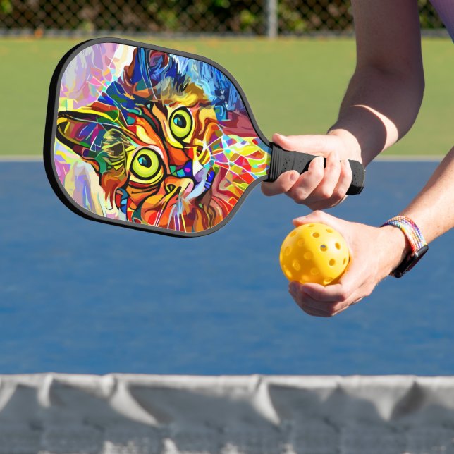 Colourful Psychedelic Painted Cat Monogram Pickleball Paddle (Insitu)