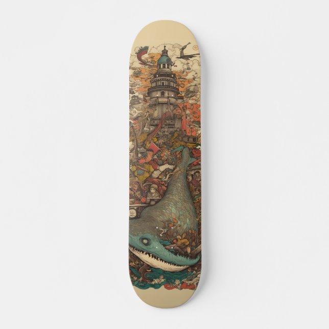Colourful psychedelic sea creatures and lighthouse skateboard (Front)