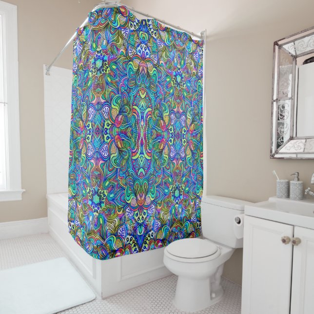 Colourful Psychedelic Swirls Pattern Shower Curtain (In Situ)