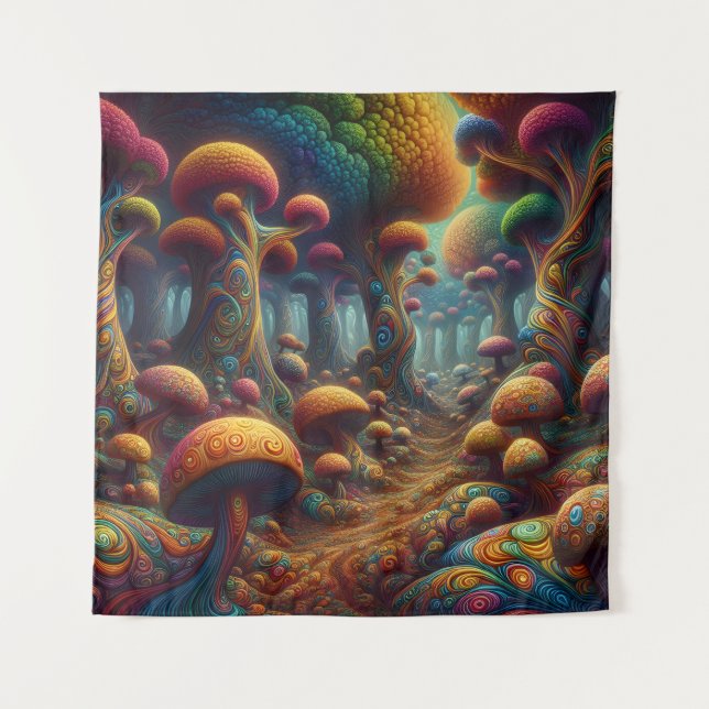 Colourful Psychedelic Trippy Mushroom Wonderland Tapestry (Front)