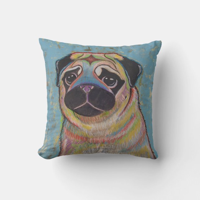 Colourful Pug pillow on blue bavkground (Front)