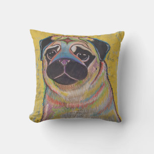 Colourful Pug pillow on yellow background