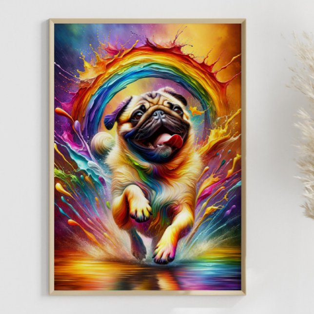 Colourful Pug Rainbow Splatter Art for Pug Lover Poster (Example with frame)