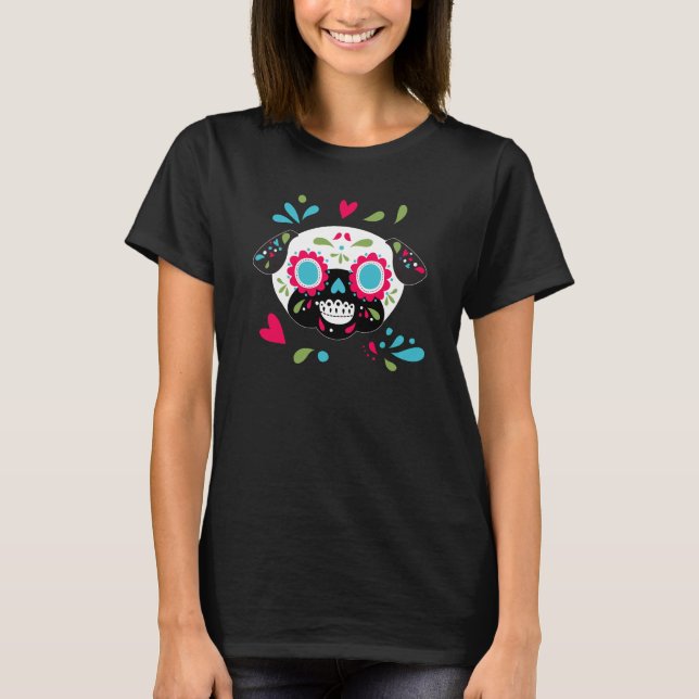 Colourful Pug Sugar Skulls White Face T-Shirt (Front)
