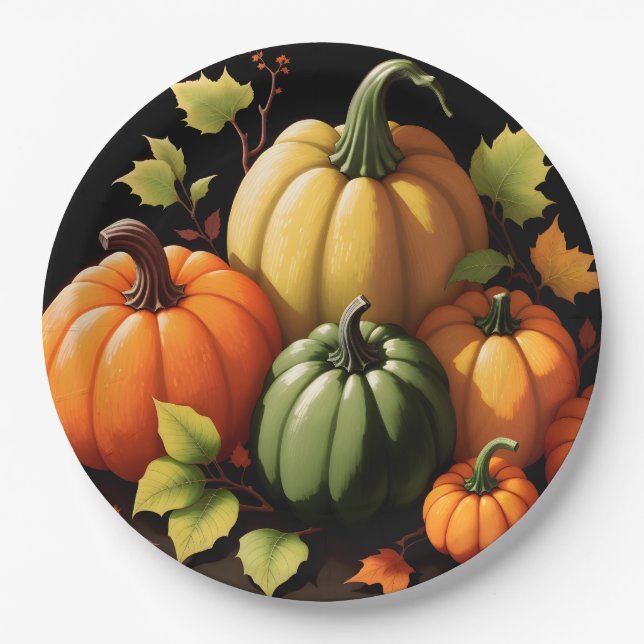 Colourful Pumpkins Black Background Paper Plate (Front)