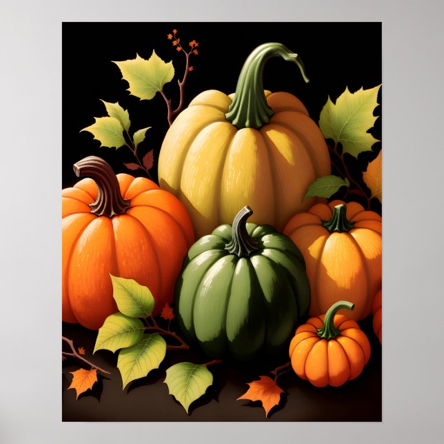 Colourful Pumpkins Black Background Poster (Front)
