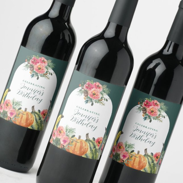 Colourful Pumpkins Fall Pink Floral Birthday Party Wine Label (Creator Uploaded)