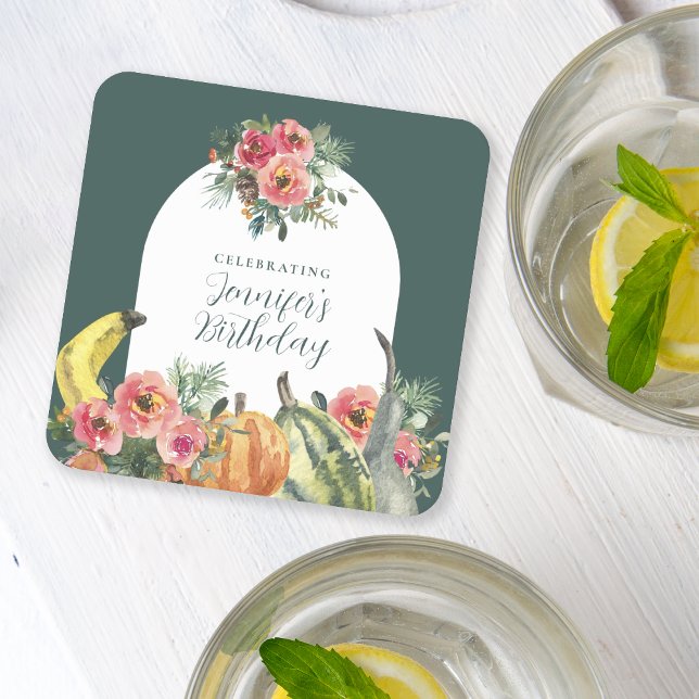 Colourful Pumpkins Pink Floral Birthday Party Square Paper Coaster (Creator Uploaded)