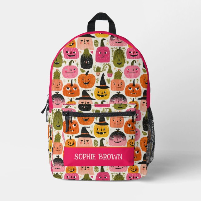 Colourful Pumpkins Whimsical Halloween Custom Name Printed Backpack (Front)