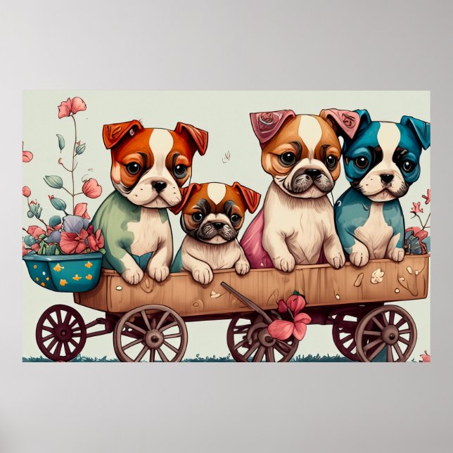 Colourful Puppies in a Wagon Poster (Front)