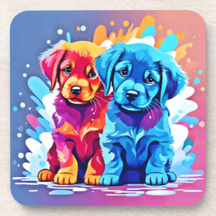 Colourful Puppy Pair Art Coaster