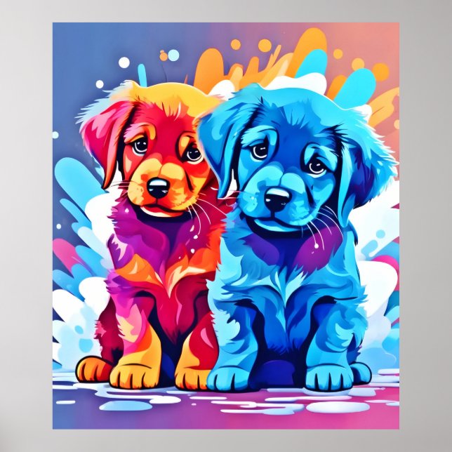 Colourful Puppy Pair Art Poster (Front)