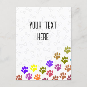 Colourful Puppy Paw Prints and Bones Custom Text Postcard