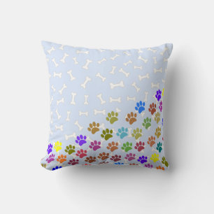 Colourful Puppy Paw Prints and Bones Light Blue Cushion