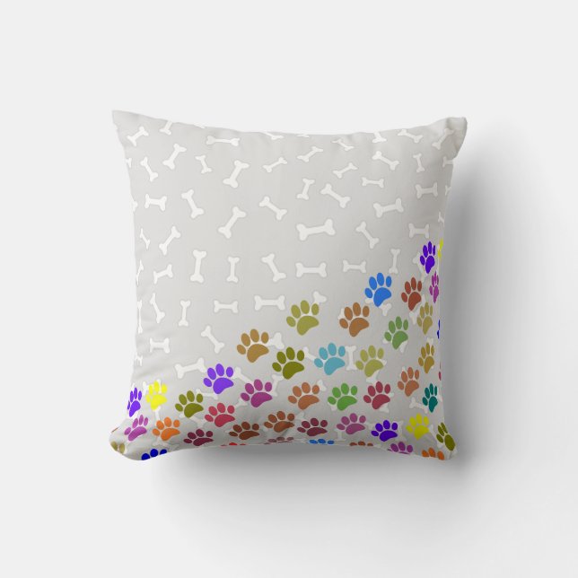 Colourful Puppy Paw Prints and Bones Light Grey Cushion (Front)