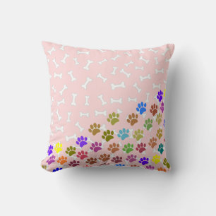 Colourful Puppy Paw Prints and Bones Light Pink Cushion