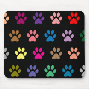 Colourful puppy paw prints on black mouse pad