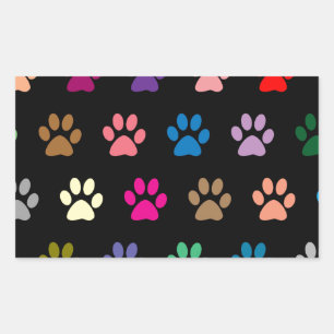 Colourful puppy paw prints on black rectangular sticker