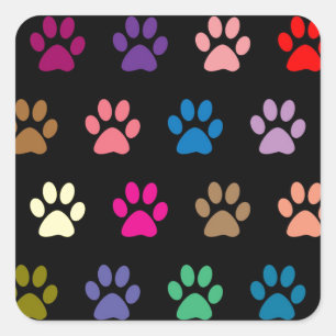 Colourful puppy paw prints on black square sticker