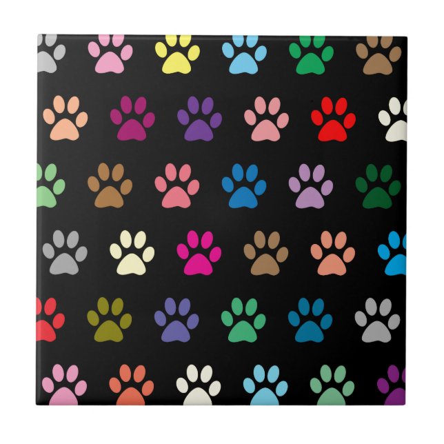 Colourful puppy paw prints on black tile (Front)