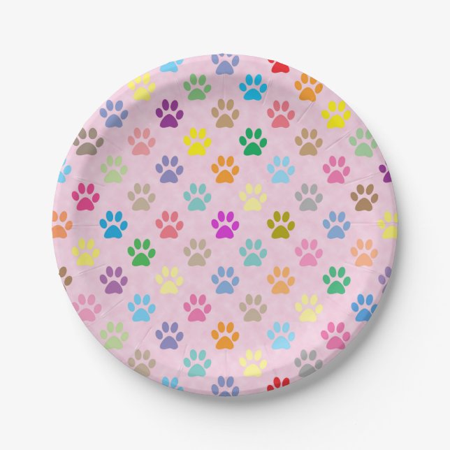 Colourful puppy paw prints paper plate (Front)